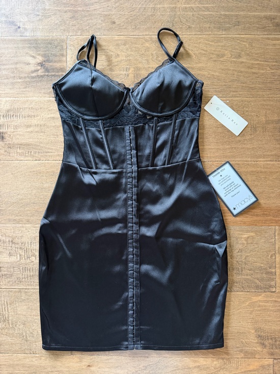 Katia Rae Dresses & Skirts - Katie Rae Macy's Black Satin Lace-Trim Bustier Slip Dress, NWT, Large